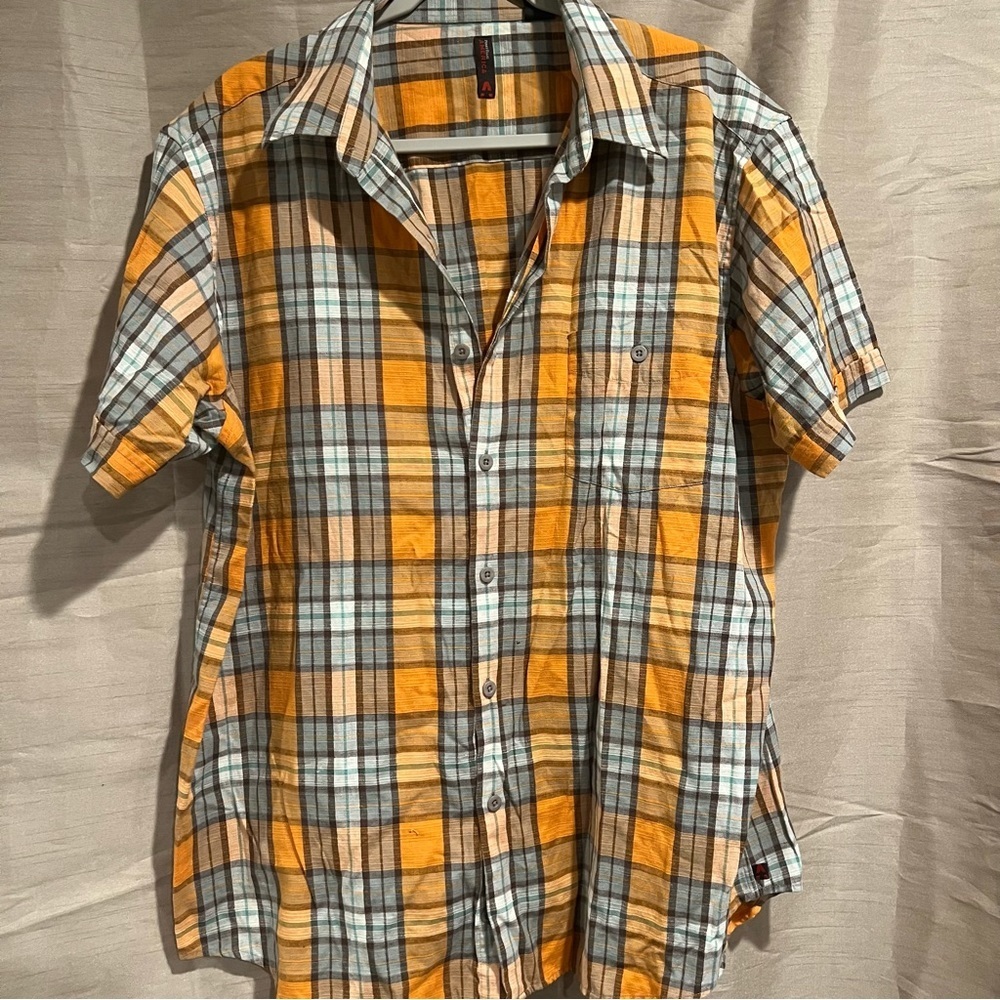 Perry Ellis Orange White Plaid Short Sleeve Dress Shirt